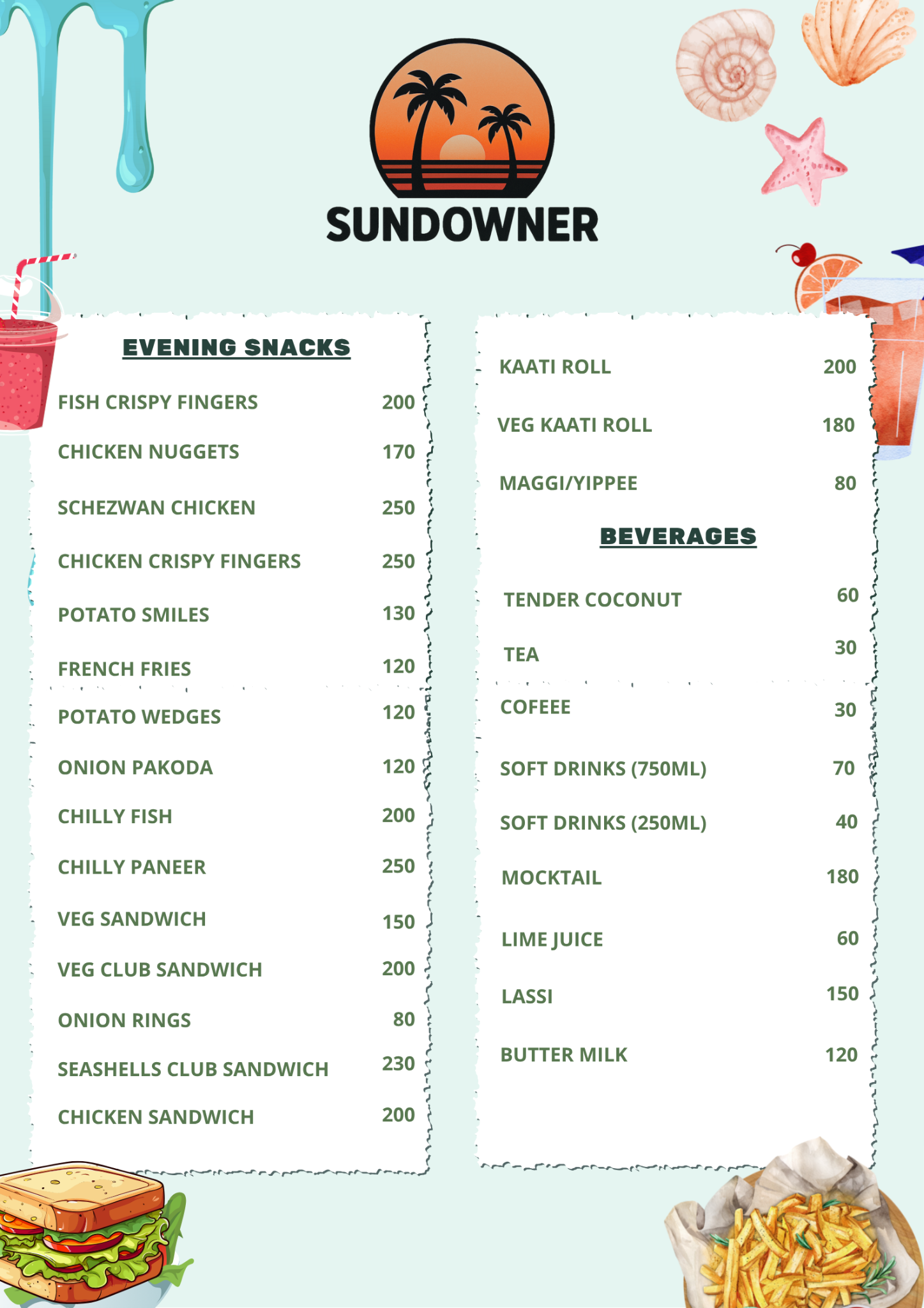 Sundowner Beach Club Menu